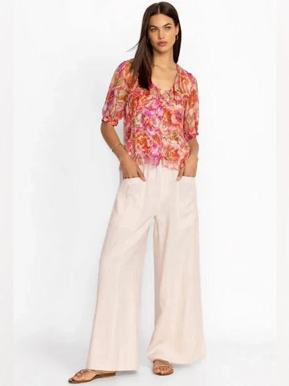 Johnny Was Calme Linen Pull On Pant w Slits Khaki Beige Womens Size L - Picture 3 of 10